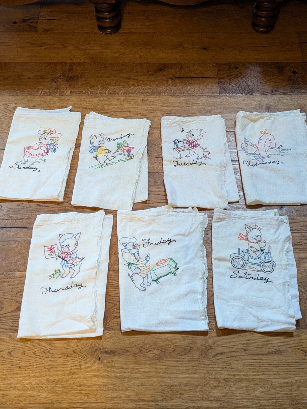 Vintage Days of the Week Embroidered Tea Towels Set - 7 Complete Pig Chores Farm